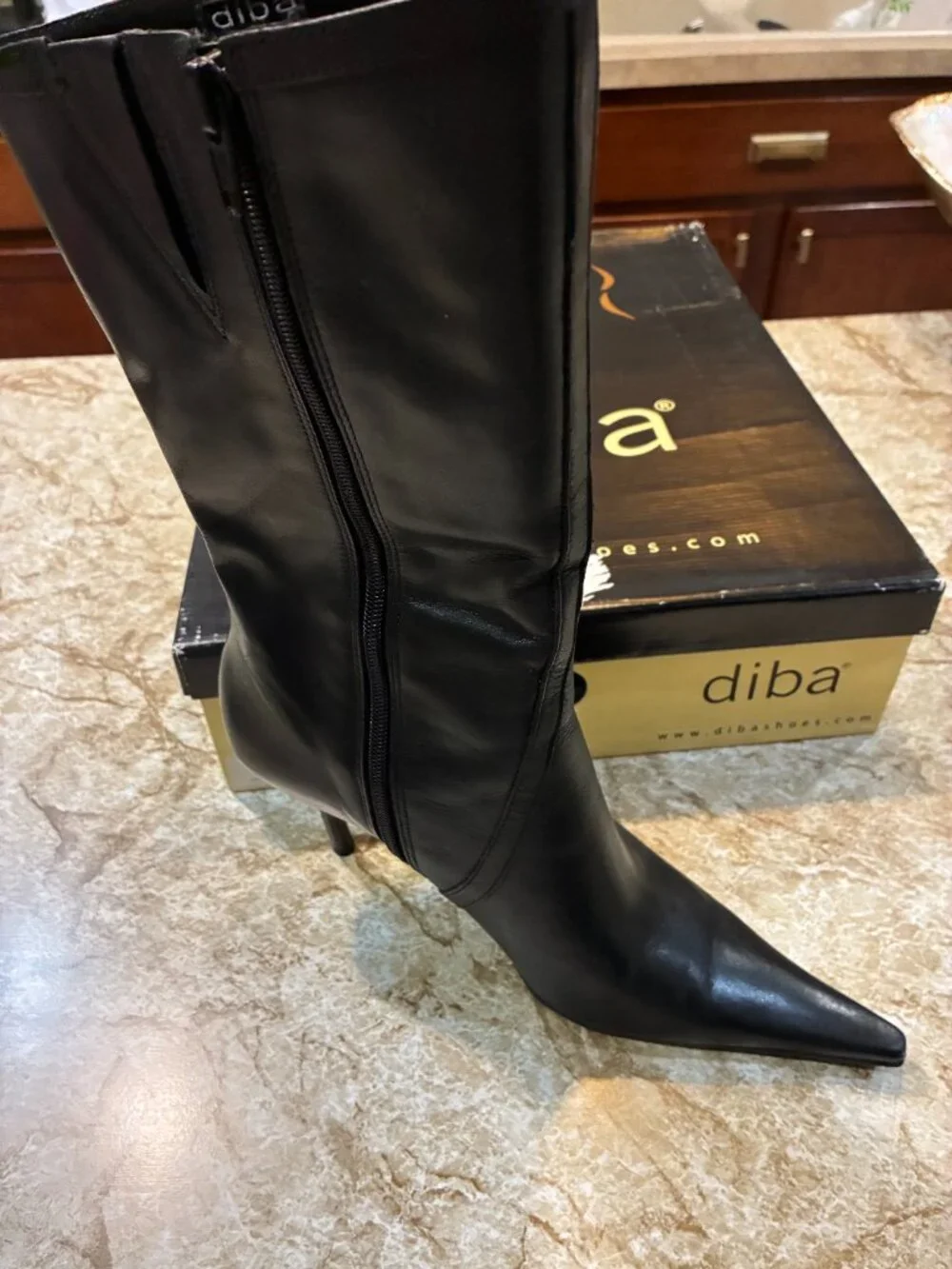 NIB! DIBA Black Leather Mid-Calf Pointed Toe Side Zip High Heel Ankle Boots 8.5M